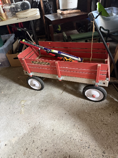 Vintage red wooden toy wagon by Radio Flyer