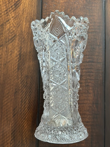 Cut glass vase in American Brilliant Period style with sawtooth rim