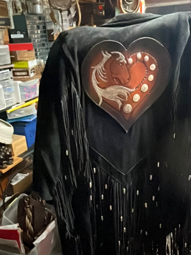 Black suede leather Western jacket with fringe and painted horse heart design