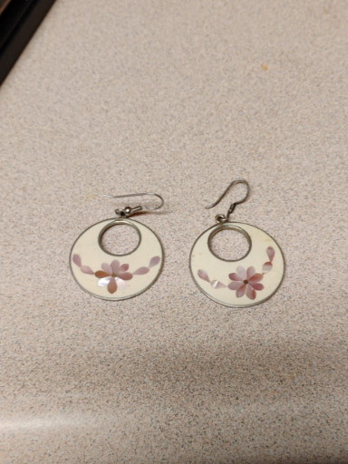 Alpaca silver dangle earrings with pink enamel and mother-of-pearl floral inlay from Mexico