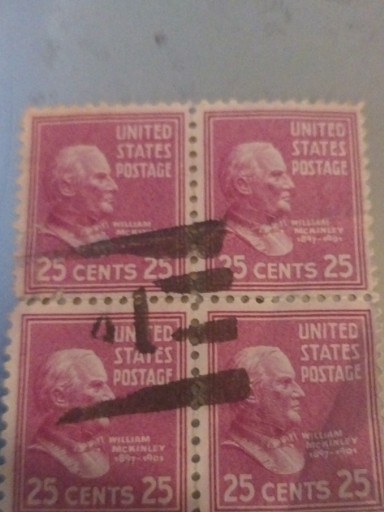 United States postage stamp plate block featuring William McKinley, 25 cents, Scott #829