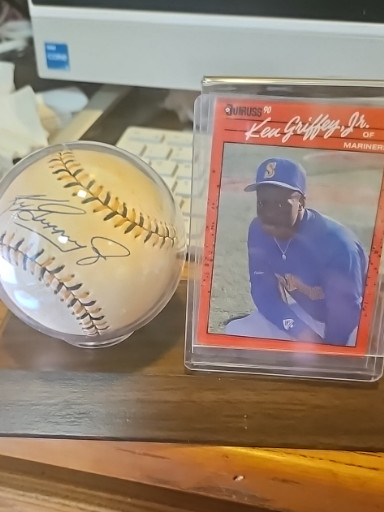 Signed baseball and 1990 Donruss Ken Griffey Jr. #365 baseball card