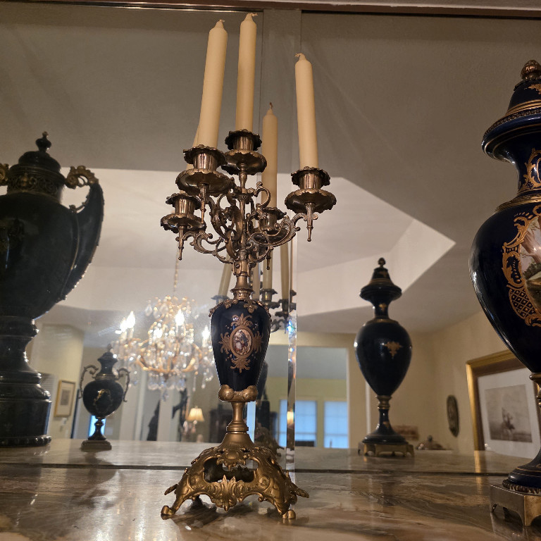 Gilt bronze and cobalt blue porcelain candelabra in French Sèvres style