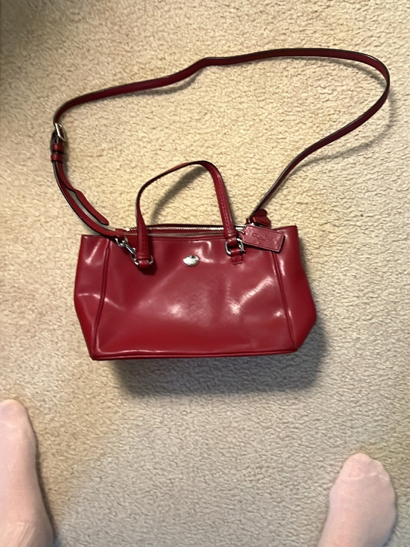 Red leather handbag by Coach, Peyton Leather Mini Carryall Satchel model