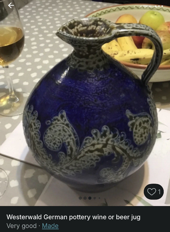 Westerwald German stoneware jug with cobalt blue salt glaze and relief decoration