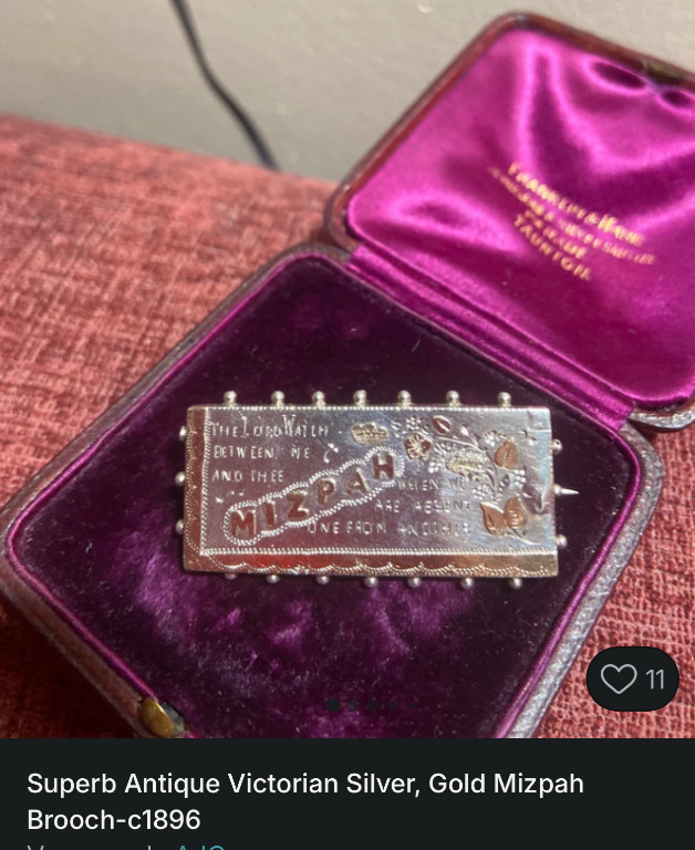 Sterling silver and gold Mizpah brooch in original case, circa 1898