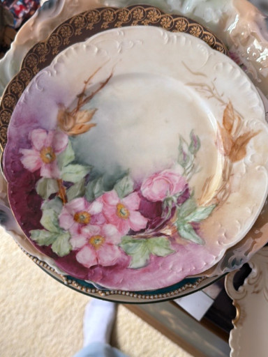 Hand-painted porcelain cabinet plate with pink roses by Limoges