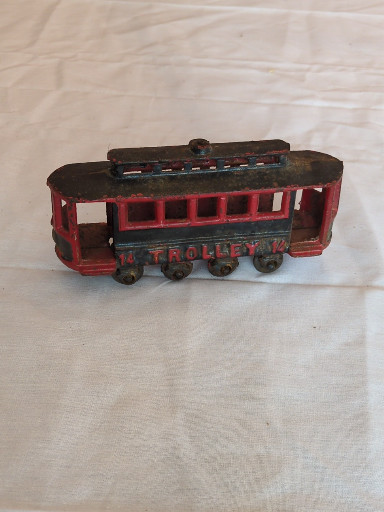 Cast iron trolley car toy marked '#14' by Hubley