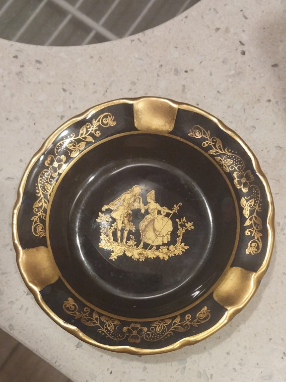 Porcelain decorative plate with cobalt blue and 22kt gold courtship scene by Limoges