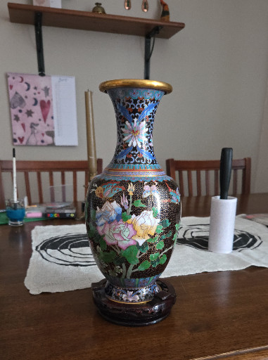 Cloisonné enamel vase with floral and bird motifs on wooden stand, Chinese