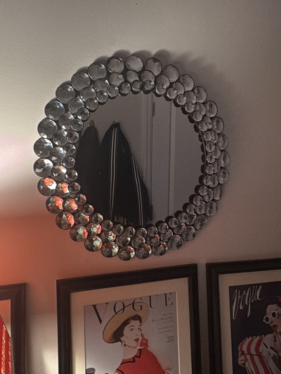 Contemporary round wall mirror with jeweled crystal bead frame