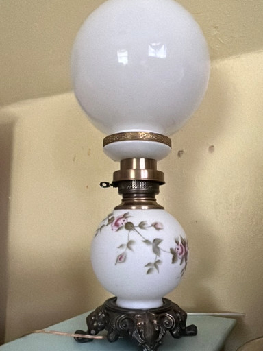 Victorian-style hand-painted milk glass parlor lamp with floral decoration