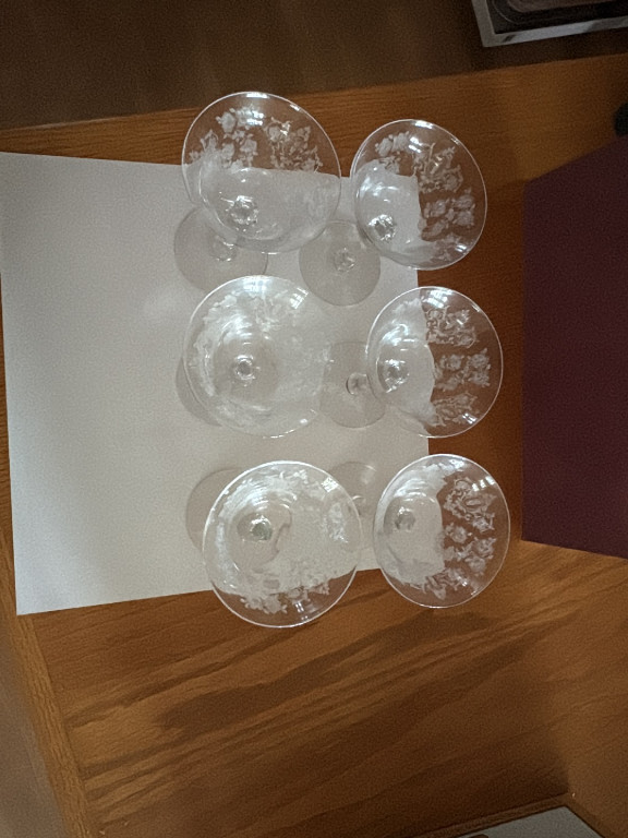 Set of six etched crystal champagne coupes or tall sherbet glasses, likely 'Cherokee Rose' pattern by Tiffin-Franciscan