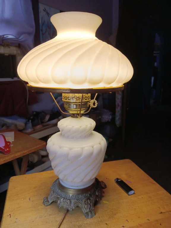 Milk glass hurricane lamp with swirl pattern by Hedco