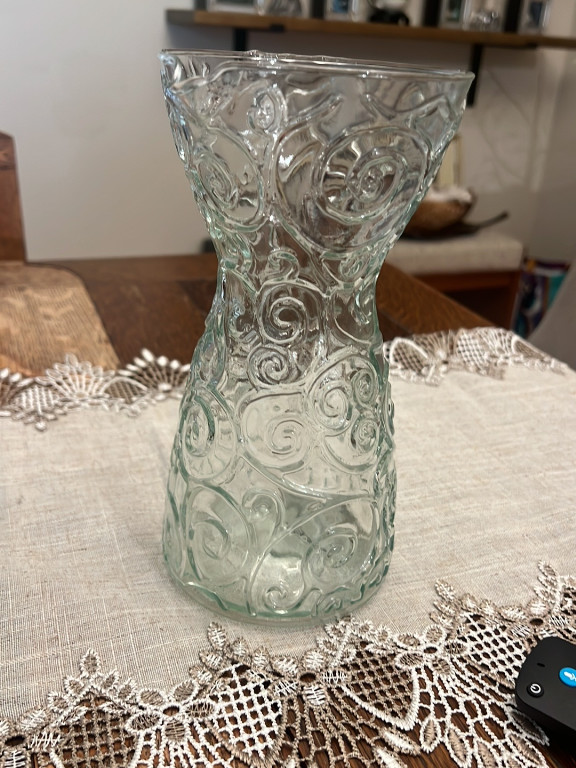 Glass vase with embossed swirl pattern, handmade in Spain