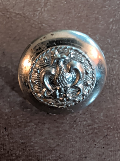 Silver-plated military uniform button with heraldic lion design
