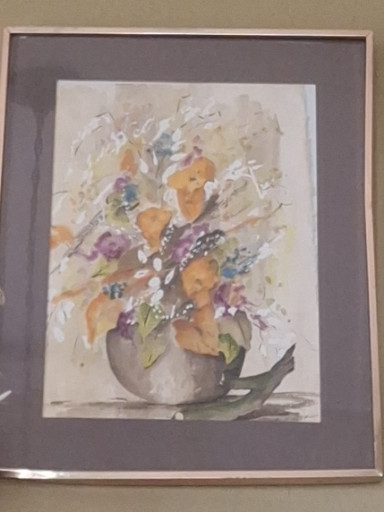 Watercolor painting of flowers in a vase, unsigned or signature unclear