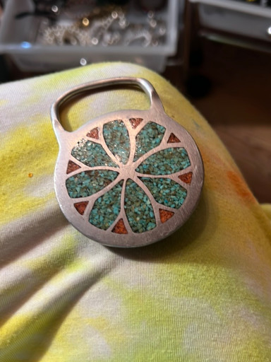 Pewter belt buckle with crushed turquoise and coral inlay in pinwheel design by RJ Roberts, marked 'T13 TN'