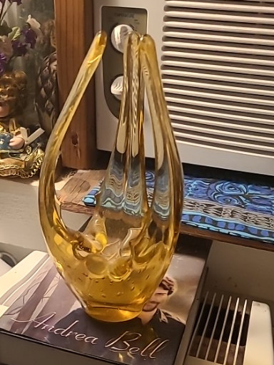 Amber art glass ashtray/centerpiece  with three-prong twisted ribbon design by Altaglass w/ original worn silver foil label