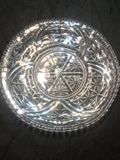 Pressed glass serving platter in the 'Stars and Bars' pattern by Anchor Hocking
