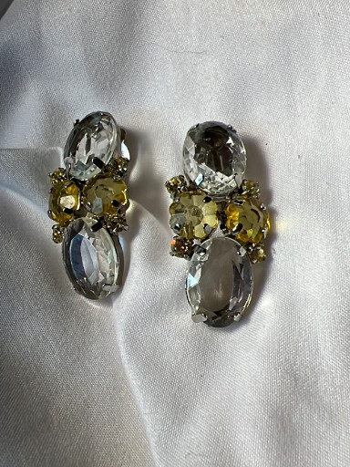 Vintage Christian Dior rhinestone clip-on earrings with clear and yellow/citrine colored stones