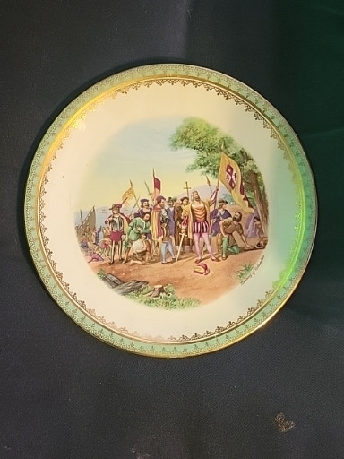 Porcelain commemorative plate depicting Columbus landing scene, manufactured by Knowles, Taylor & Knowles