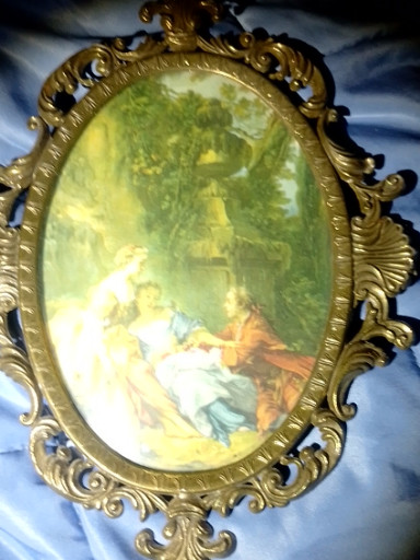 Vintage Italian Florentine print in ornate gilt metal frame with convex glass, depicting a romantic pastoral scene