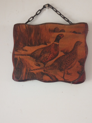 Vintage wood wall plaque with pyrography (wood-burned) pheasant design