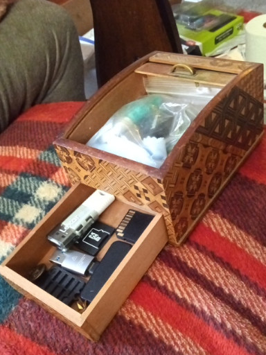 Wooden marquetry puzzle box with sliding drawer mechanism, Japanese Yosegi-Zaiku style