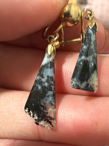Screw-back earrings with snowflake obsidian or black and white agate trapezoid drops and gold-tone metal findings