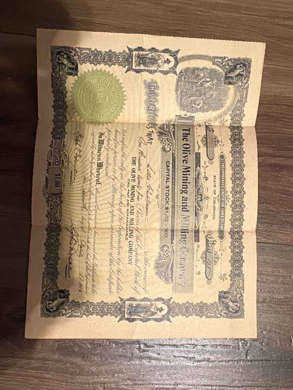 Antique stock certificate for 'The Oliver Mining and Milling Company'