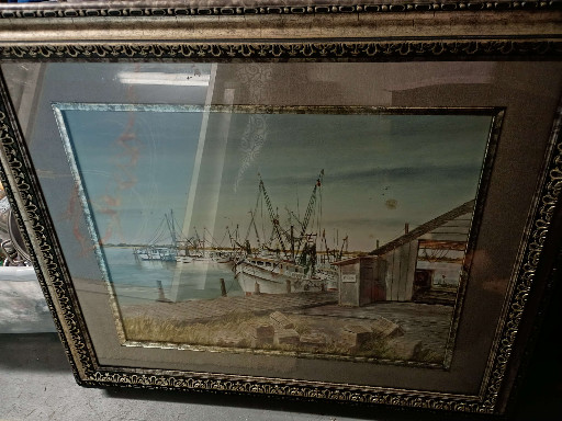 Hand-colored etching or watercolor painting depicting shrimp boats at a coastal dock