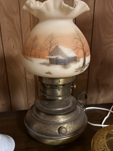 Hand-painted Fenton custard glass lamp with winter scene, circa 1978