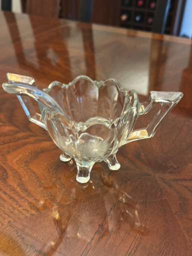 Pressed glass footed sugar bowl with scalloped rim and etched floral design, likely Indiana Glass Company