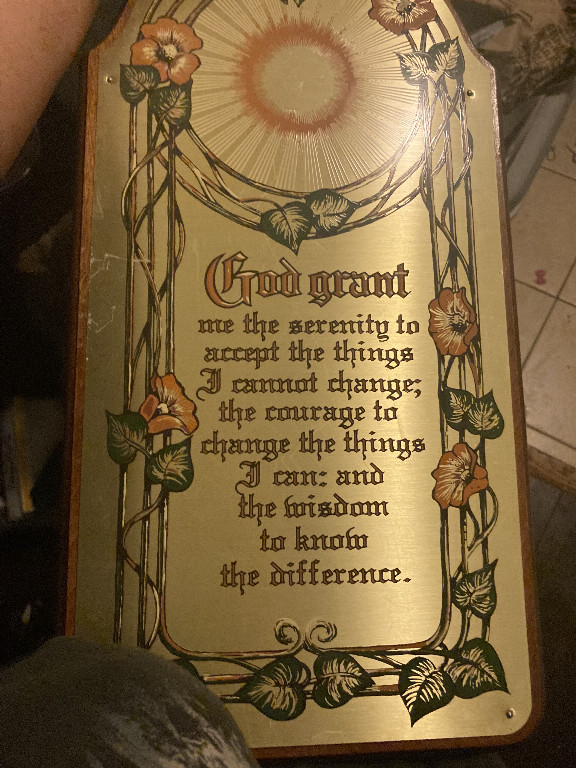 Wood and metal decorative plaque featuring the Serenity Prayer with Art Nouveau floral design, manufactured by Home Interiors (HOMCO)