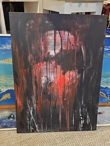 Peinture abstraite contemporaine sur toile représentant une composition sombre avec des tons rouges et noirs