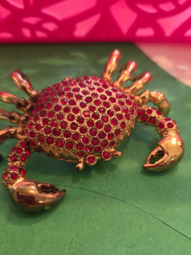 Gold-tone metal crab trinket box with red crystal pavé