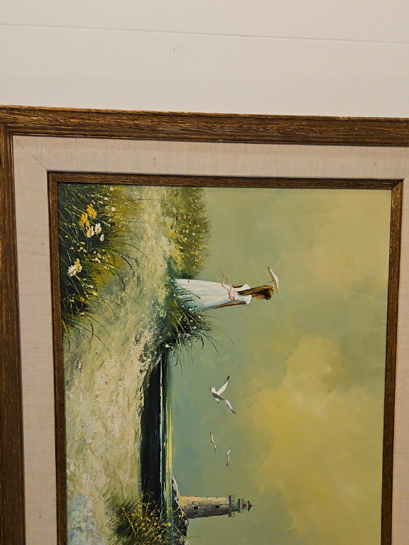 Oil painting titled 'Seascape with Woman and Seagulls'