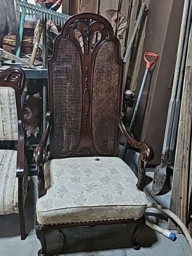 Carved wood armchair with caned back and upholstered seat, late 19th century French style