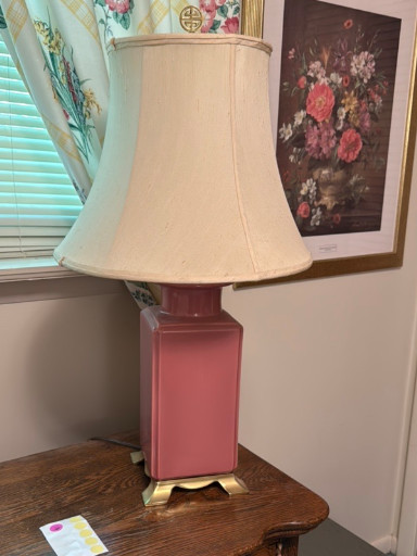 Ceramic table lamp with pink octagonal base and brass-tone accents