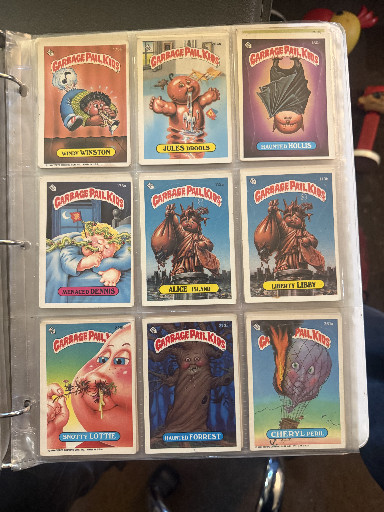Collection of nine vintage Garbage Pail Kids trading cards from Topps, circa 1985-1987