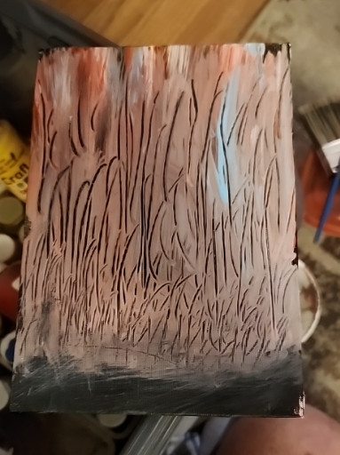 Oil painting on canvas depicting abstract vertical grass or reed forms in earth tones by Kader Boly
