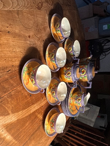 Japanese hand-painted lusterware tea set with orange and floral decoration