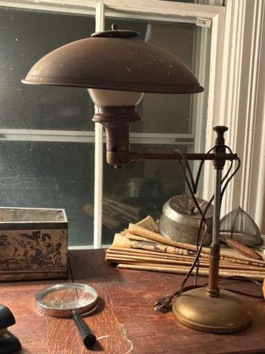 Art Deco brass and metal adjustable desk lamp titled 'Guardsman' by Faries Manufacturing Company