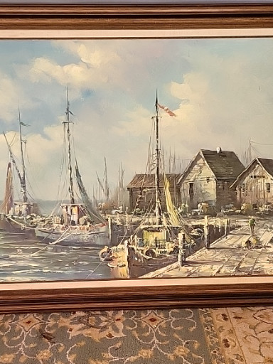 Oil painting on canvas depicting harbor scene with sailing boats and waterfront buildings