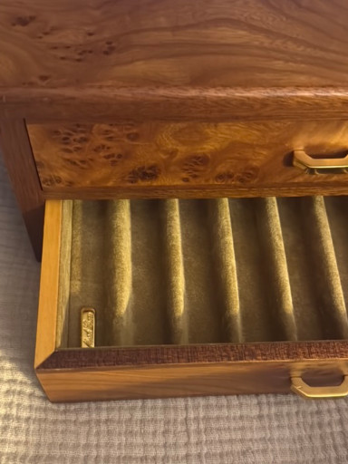 Handcrafted wooden pen or pencil box with burl wood veneer and velvet-lined interior