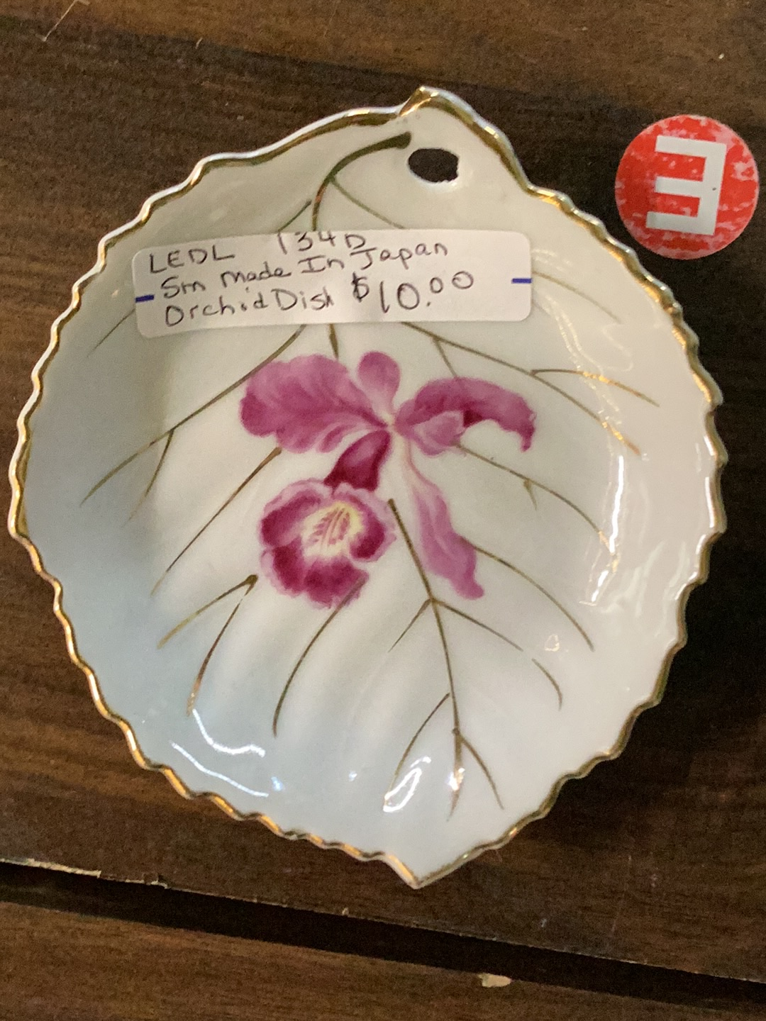 Porcelain leaf-shaped trinket dish with orchid design by LEDL Japan