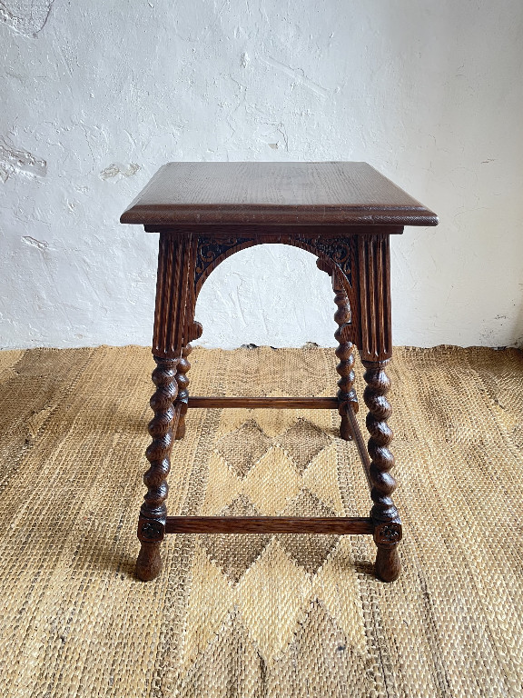 Oak side table with barley twist legs and Gothic Revival carved apron