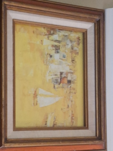 Oil painting depicting an abstract or impressionistic street scene with warm yellow and ochre tones
