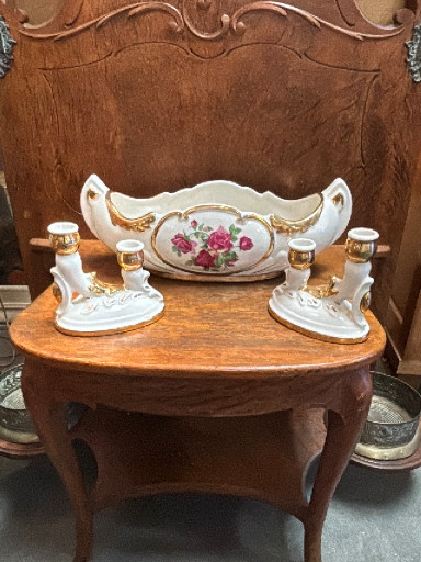 Porcelain centerpiece console bowl with matching double candle holders by Royal Kohl China